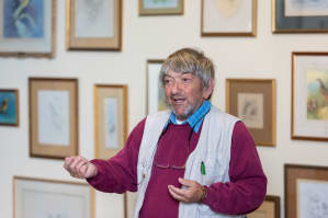 Robin Page talking at the Gordon Beningfield Art Exhibition at Babers Farm 2019